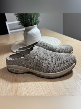 Geox Taupe Knit Slip-On Mules with Scalloped Edge and Crystal Detail